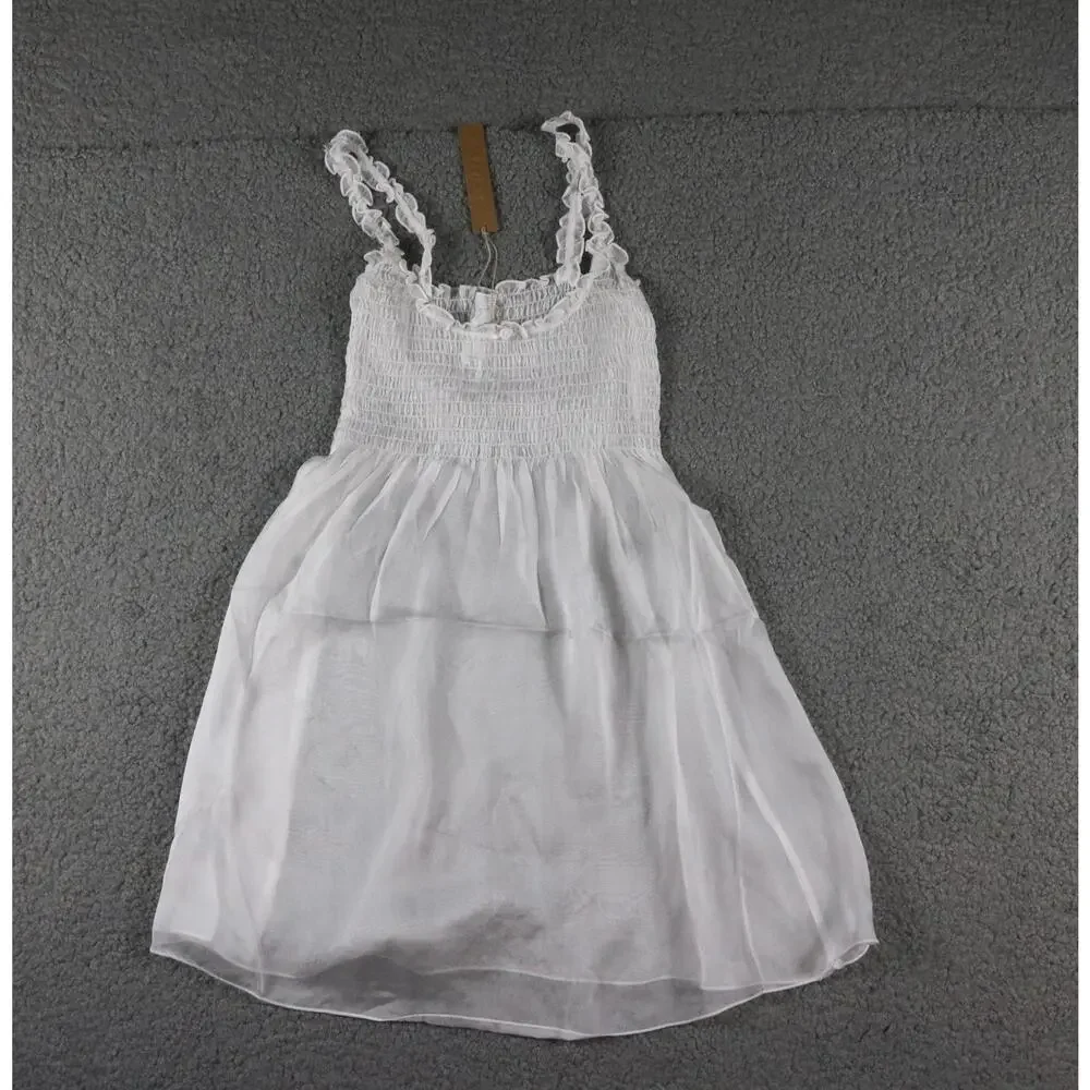 New Skims Romance Smocked Mini Slip Dress XXS White Silk Babydoll Nightgown